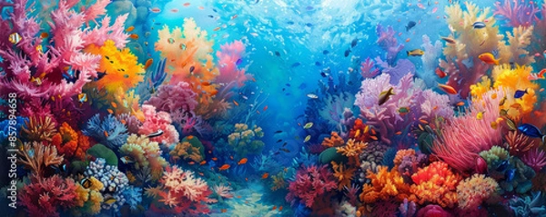 Fototapeta A vibrant coral reef bustling with activity, with colorful fish darting among intricate coral formations.