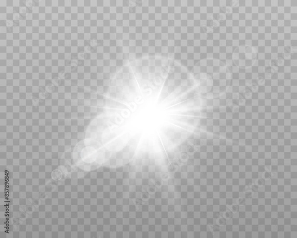 Obraz White sunlight lens flare, sun flash with rays and spotlight. Silver glowing burst explosion on a transparent background. Vector illustration.