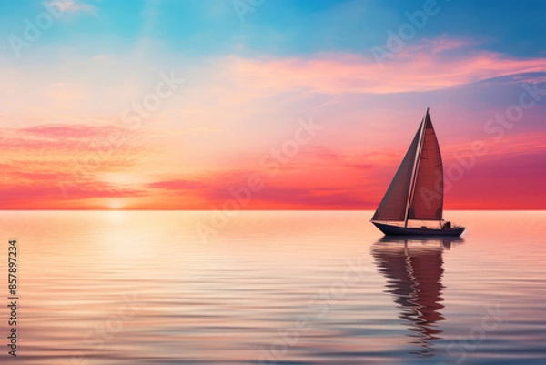 Fototapeta Sailboat in serene sunset light on calm ocean