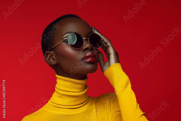 Obraz A black woman with short hair and round sunglasses, wearing an amber sweater, holds her hand to the camera while showing one of her yellow nails against a red background