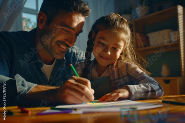 Fototapeta Happy little girl drawing on white paper with crayons, while her father watches and smiles at his daughter's work