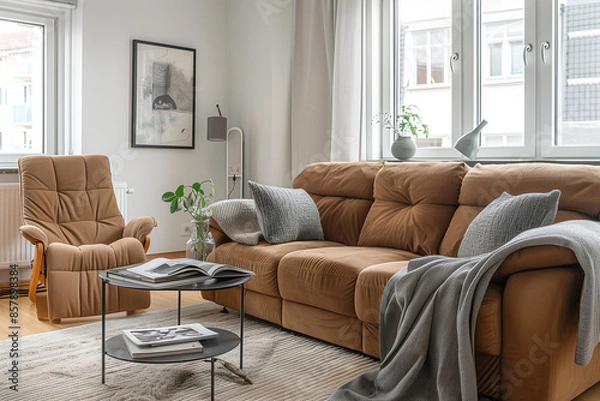 Fototapeta photo of brown sofa and recliner chair with plants in a scandinavian clean and minimalist living room apartment and design interior furniture