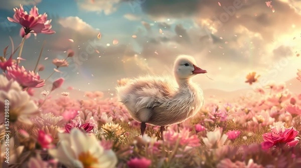 Fototapeta Fluffy duckling standing in a field of pink flowers under a dramatic sky with sunlight