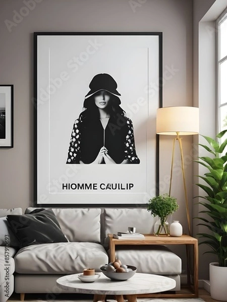Fototapeta Frame mockup, ISO A paper size. Living room wall poster mockup. Interior mockup with house background. Modern interior design. 3D render