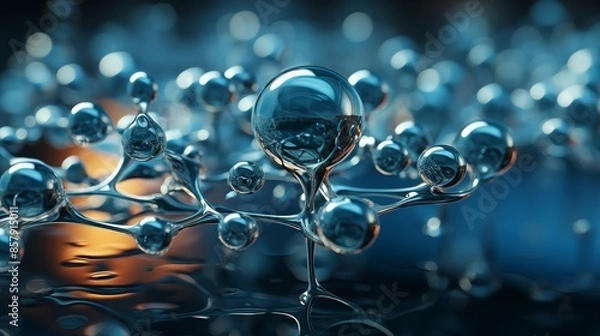 Fototapeta Visual Representation of Molecular Structure with Shiny Blue Spheres and Reflective Surfaces