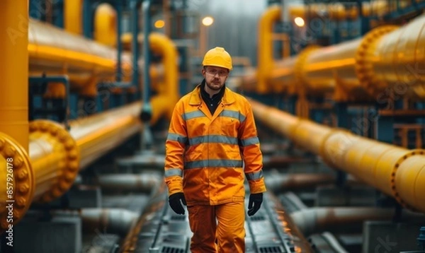 Fototapeta man engineer in uniform working and check outside factory of Large oil pipeline and gas pipeline in the process of oil refining and the movement of oil and gas