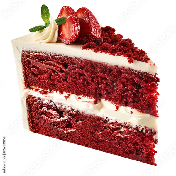 Fototapeta Close-up of a delicious slice of red velvet cake with creamy frosting and fresh strawberries on top, perfect for dessert lovers.
