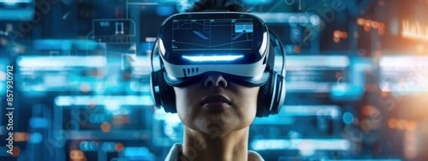 Fototapeta Virtual Reality: A person wearing a VR headset, surrounded by holographic interfaces and futuristic data displays.
