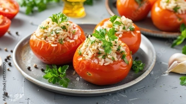 Fototapeta Close-up of a silver platter with four stuffed tomatoes, filled with rice and garnished with parsley