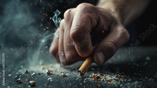 Obraz A male hand crushing a cigarette on a black background. Ai generated