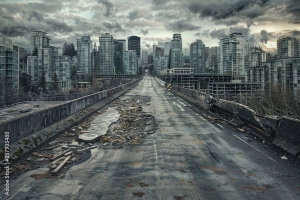 Fototapeta A long and straight highway with a city skyline in the distance