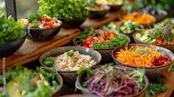 Fototapeta A selection of fresh salads in bowls with various ingredients,