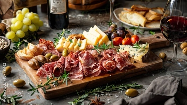 Fototapeta A beautifully presented charcuterie board with a selection of cured meats