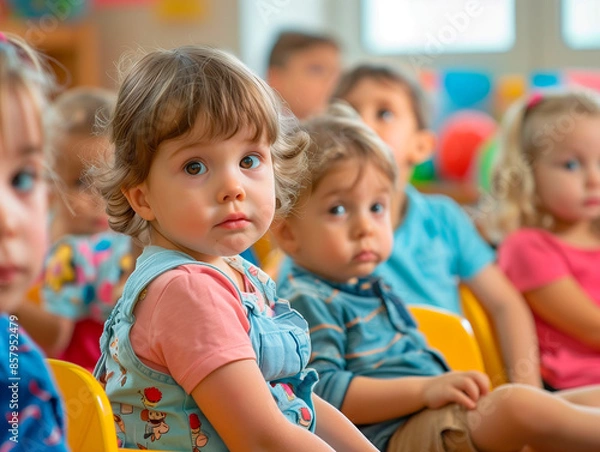 Fototapeta A group of children are sitting on chairs inside the classroom at a school or daycare, and one of them looks at the camera.