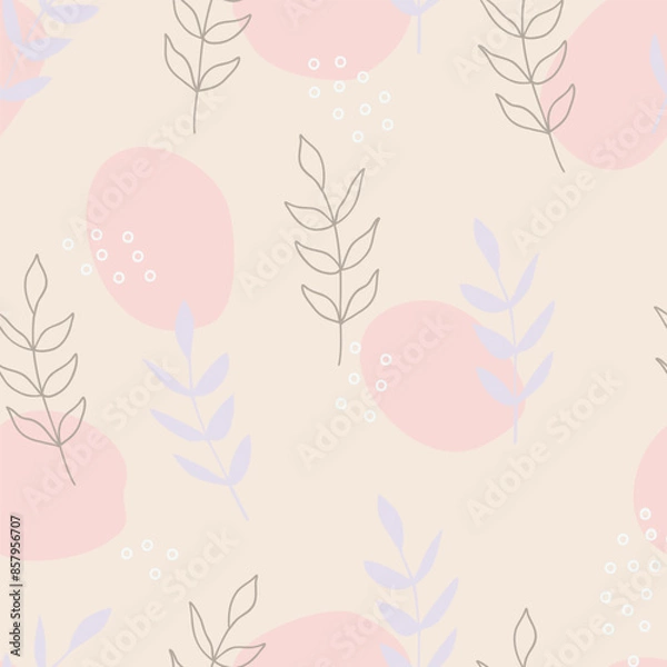 Fototapeta Vector simple seamless pattern with twigs and pink abstract spots on beige background. For wallpapers and decor, invitation card, fabric print or textile, linen, web page background, wrapping paper.