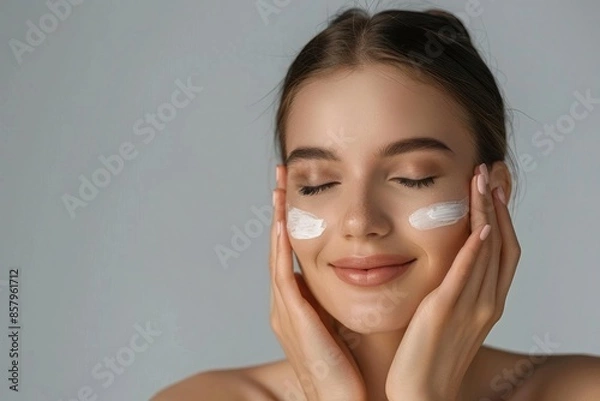 Fototapeta Smiling woman applying skincare cream on face against a gray background