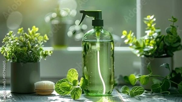 Fototapeta A green bottle with a pump top is placed on a surface, illuminated by natural sunlight with lush green plants in the background, evoking a sense of freshness and nature.