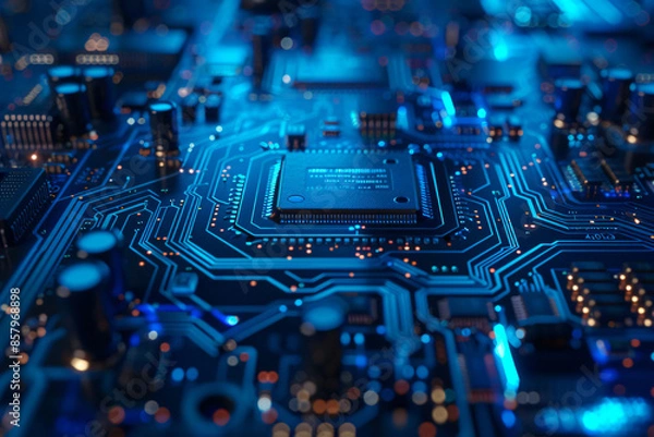 Fototapeta 3D rendering of a blue circuit board with a chip and golden light glowing on top. The technique concept is for a micro circuit