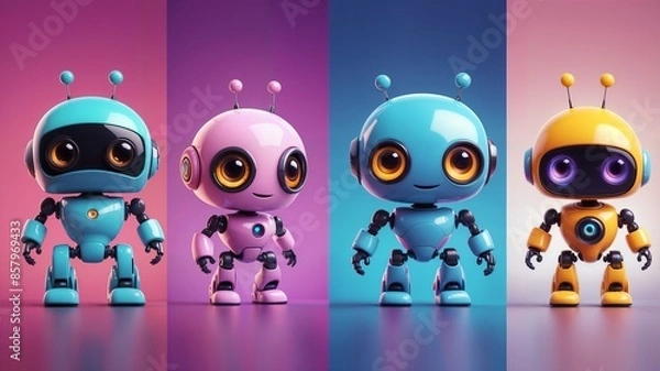 Fototapeta Cute 3D Robots Set Against Colorful Backgrounds for Technology Themes. A set of three adorable 3D robots, each with a unique design and personality, displayed against vibrant backgrounds. Vector