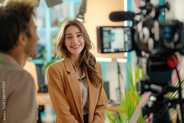 Obraz Young Business Woman Smiling During a Video Interview in Office