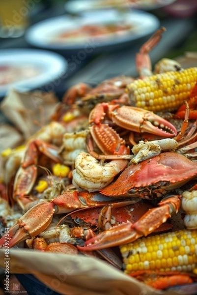Obraz A delicious seafood boil featuring crab, shrimp, and corn, perfect for summer enjoyment
