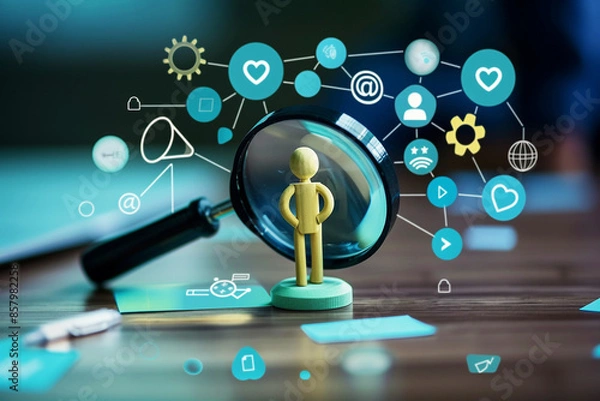 Fototapeta Concept of human resources and team management with magnifying glass, gears, and icons. HR and recruitment.