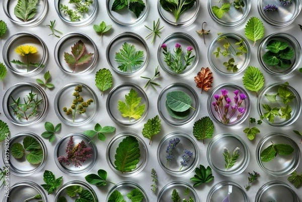 Fototapeta Vibrant array of fresh herbs and spices in small containers