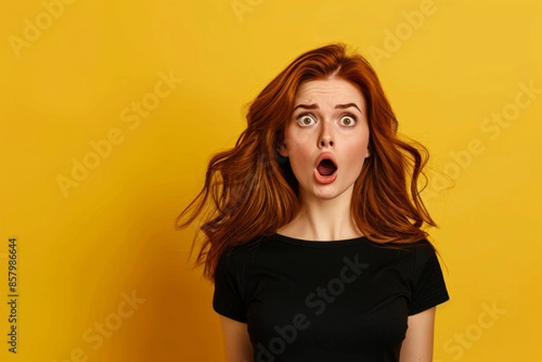 Fototapeta Shocked young woman with flowing hair against yellow background