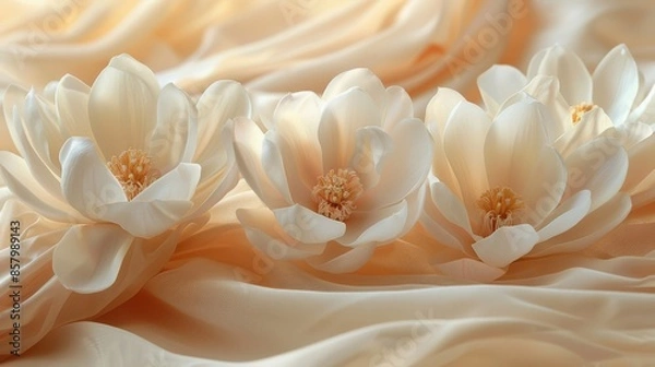 Obraz A minimalist wedding design of white magnolia petals, combined with cream silk and subtle gold embroidery.	
