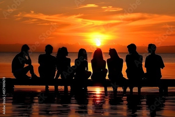 Fototapeta Silhouette of friends sitting on a pier at sunset, enjoying the serene beauty of the evening sky.