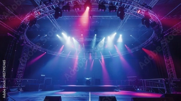 Fototapeta dynamic live music stage with circular lighting truss and rigging equipment concert venue setup low angle view