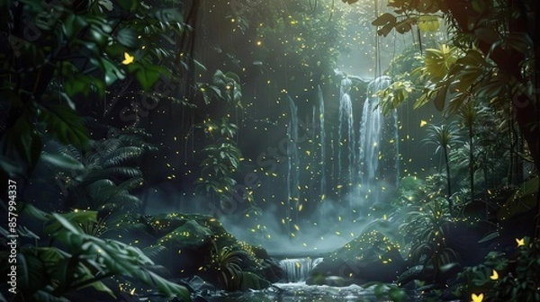 Fototapeta enchanted rainforest with lush foliage glowing fireflies and mystical waterfalls concept illustration