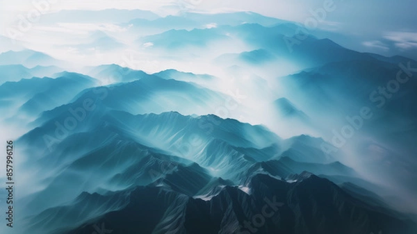 Fototapeta Aerial shot of black mountains in fog top view beautiful background