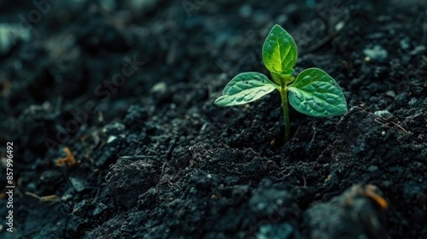 Fototapeta A small green plant is growing in the dirt. The plant is surrounded by dirt and rocks, and it is the only thing visible in the image