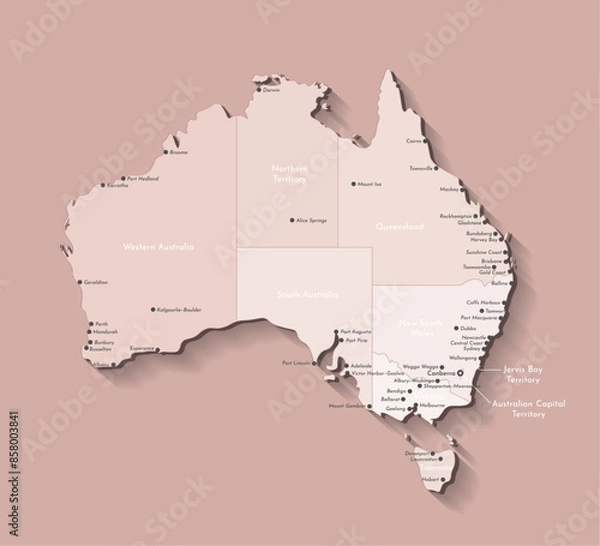 Fototapeta Vector modern illustration. Simplified isiolated on brown background administrative map of Australia. Names of Australian cities, borders of regions in brown colors.