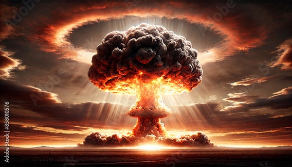 Fototapeta Massive nuclear explosion with a dramatic mushroom cloud at sunset