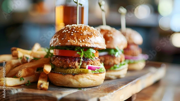 Fototapeta Fast food vegan sliders served with a side of crispy fries, presented on a rustic wooden board