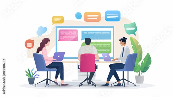 Fototapeta Support agents guiding customers through online self-service portals, self-service portal, customer guidance, online support, customer service, client assistance, digital tools, se