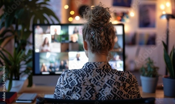 Obraz woman at desk watching zoom video conference