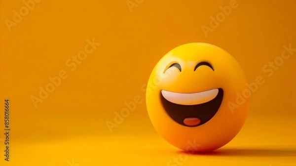 Fototapeta A 3D rendering of a yellow emoji with a big smile