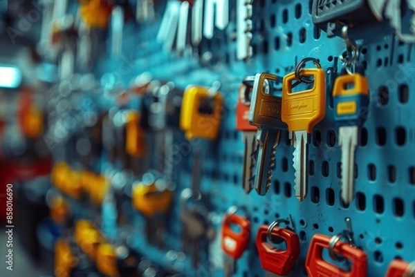 Fototapeta A blue wall with many keys hanging on it