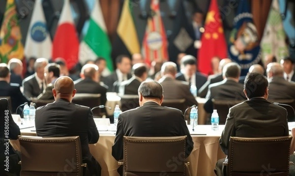 Obraz world leaders at g20 meeting discussing corporate presentations with flags in background