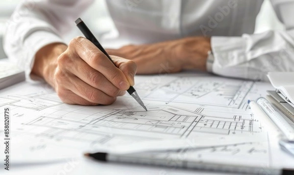 Obraz architect drawing blueprints for construction project on white paper in office