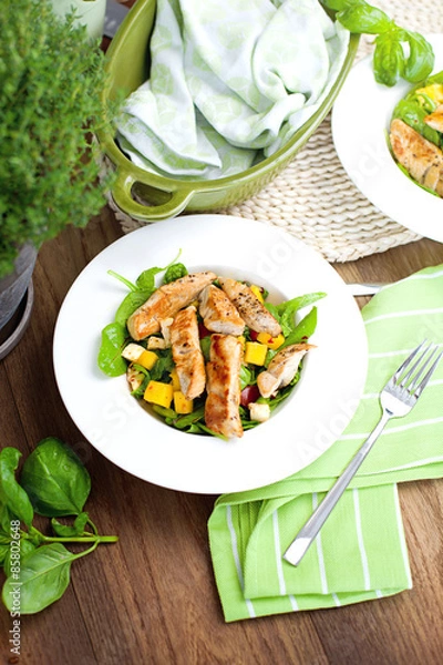 Obraz Frischer salat mit puten streifen und mango