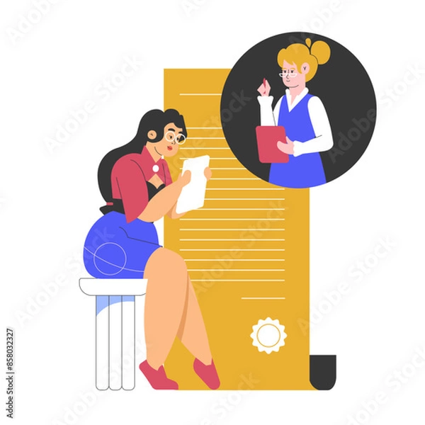Obraz A woman reads a document while consulting with an online legal advisor displayed on a tablet. Virtual consultation, legal guidance, and digital collaboration. Online agreements and business contracts.
