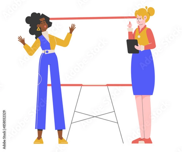 Obraz Two women engaging in a business presentation with a blank board. One holds a tablet, while the other explains. Teamwork, planning, project management, and professional collaboration.