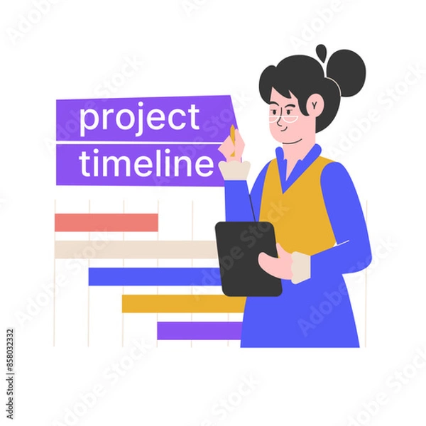 Obraz A businesswoman presents a project timeline, holding a tablet in her hands. Professional collaboration, strategic planning, and effective project management in a modern office setting.