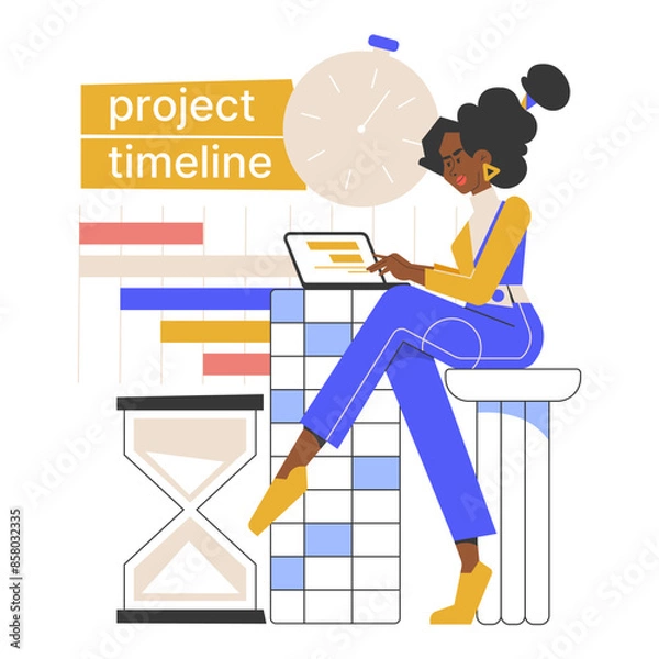 Obraz A businesswoman working on a project timeline using a laptop. time management, planning, and productivity in a professional setting.  Vector illustration.
