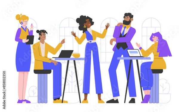 Obraz A diverse team in an office collaborates on a project, discussing ideas and strategies. They use laptops to enhance productivity and communication. The scene depicts a modern, dynamic workspace.