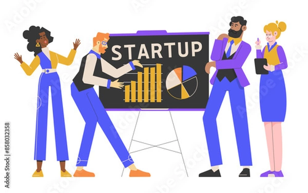 Obraz A diverse business team presenting a startup project with charts and graphs on a board. The team consists of professionals collaborating and discussing strategies for business growth and innovation.